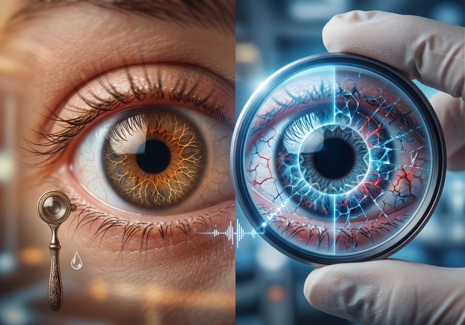 Eye health comparison and retinal examination with an eye lens