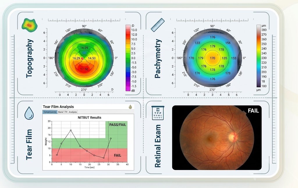 Corneal topography, pachymetry, tear film and retinal evaluation for LASIK screening
